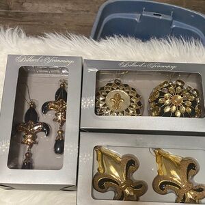 Dillard’s Fleur De Lis/black and gold ornaments, 3 boxes, 6 total ornaments